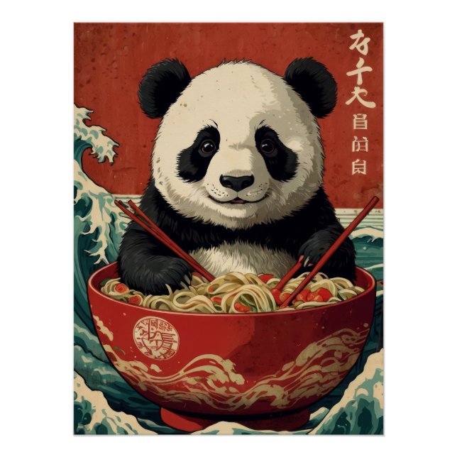 Poster Panda Ramen Bowl Japanese Art Style Cute  (Devant)