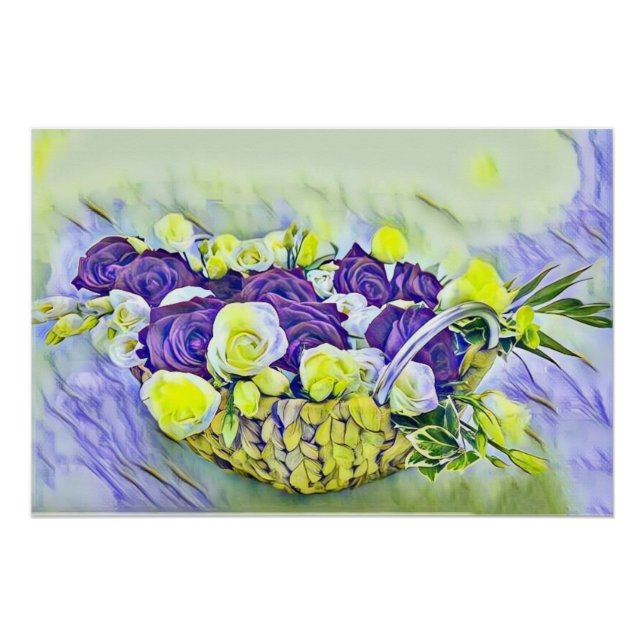 Poster Panier blanc violet de peinture Rose aquarelle (Devant)