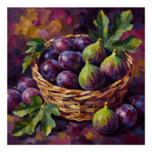 Poster Panier de figues et de prunes, peinture à l'huile