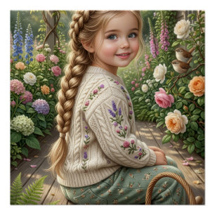Poster Panier de fleurs de petite fille Forêt Printemps N