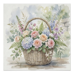 Poster Panier floral à l'aquarelle avec roses et hortensi
