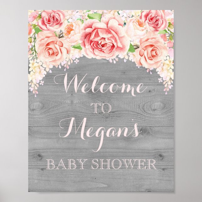 Poster Panneau baby shower Aquarelle rose Fleurs bois (Devant)