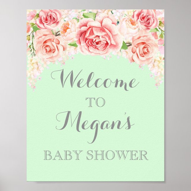 Poster Panneau baby shower Aquarelle rose Fleurs Mint (Devant)