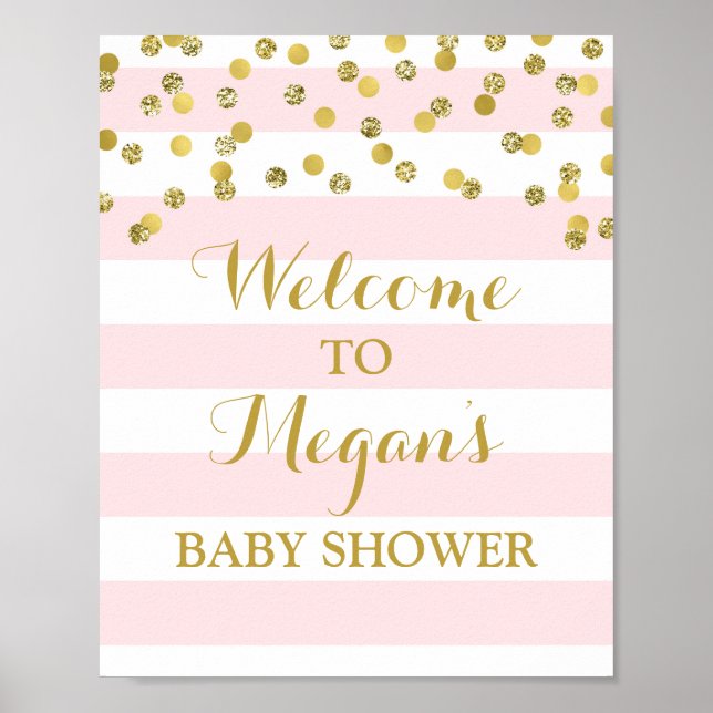 Poster Panneau Baby shower de bienvenue Pink Stripe Gold  (Devant)
