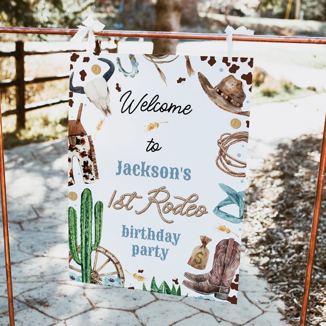 Poster Panneau bleu Brown Western Premier Rodéo 1er Anniv (Editable Boys First Rodeo 1st Birthday Welcome Sign, Cowboy Birthday Party Welcome Poster, Western)