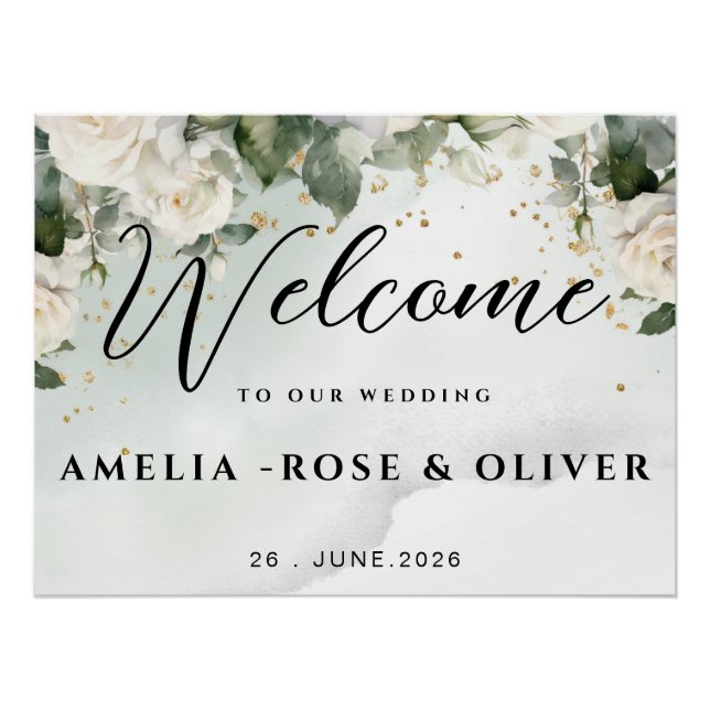 Poster Panneau de bienvenue de mariage à la verdure éléga (Devant)