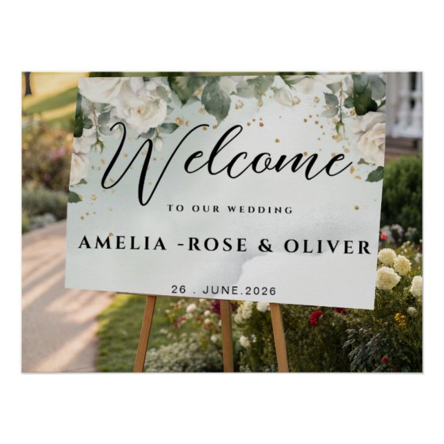 Poster Panneau de bienvenue de mariage à la verdure éléga (Devant)