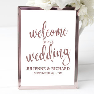 Poster Panneau de bienvenue de mariage rose doré pailleté