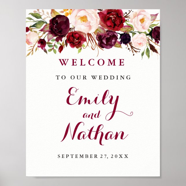 Poster Panneau de bienvenue de mariage rustique bordeaux  (Devant)