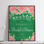 Poster Panneau de bienvenue Floral chic rustique<br><div class="desc">Affiche de douche nuptiale chic et classe avec des pivoines roses rousses rustiques et des lumières scintillantes scintillantes sur arrière - plan de bois vert fougère. Idéal pour votre printemps été | jardin |automne | pays rustique douches à thème nuptiale.</div>