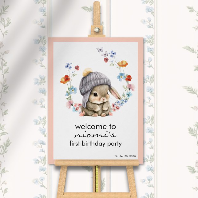 Poster Panneau de bienvenue pour le premier anniversaire  (Bunny Floral First Birthday Welcome Sign 1)