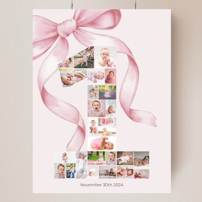 Poster Panneau de collage photo pour le premier anniversa (pink bow first birthday photo collage coquette decor)