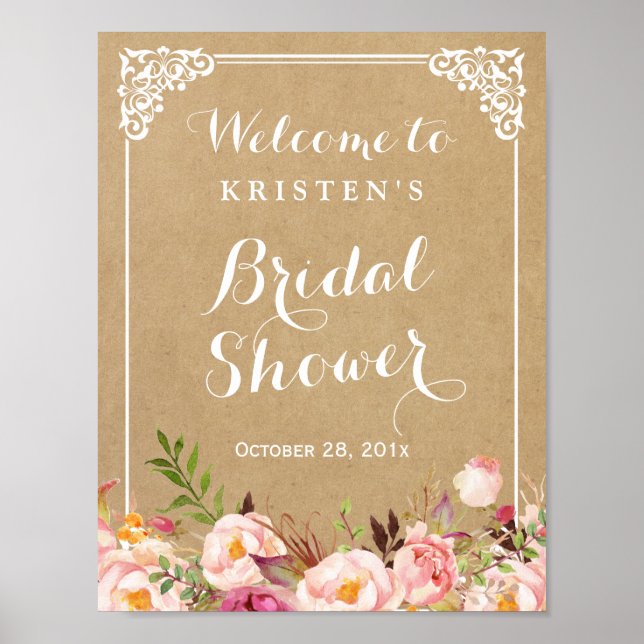 Poster Panneau de Fête de Mariage | Aspect Kraft Floral R (Devant)