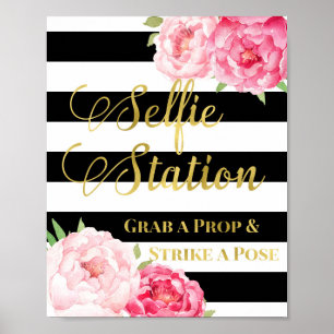 Poster Panneau de la Station Selfie Fleurs Roses Or Bande