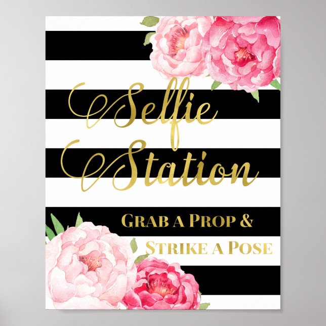 Poster Panneau de la Station Selfie Fleurs Roses Or Bande (Devant)