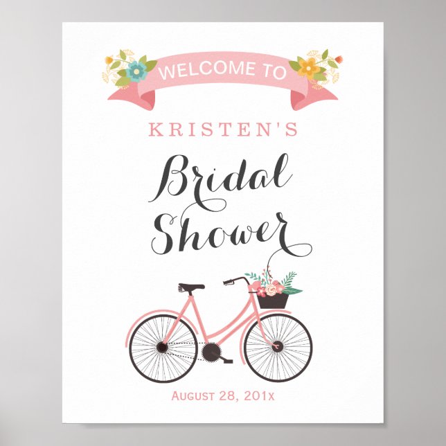 Poster Panneau de Mariage à Vélo Floral Rose Foncé (Devant)