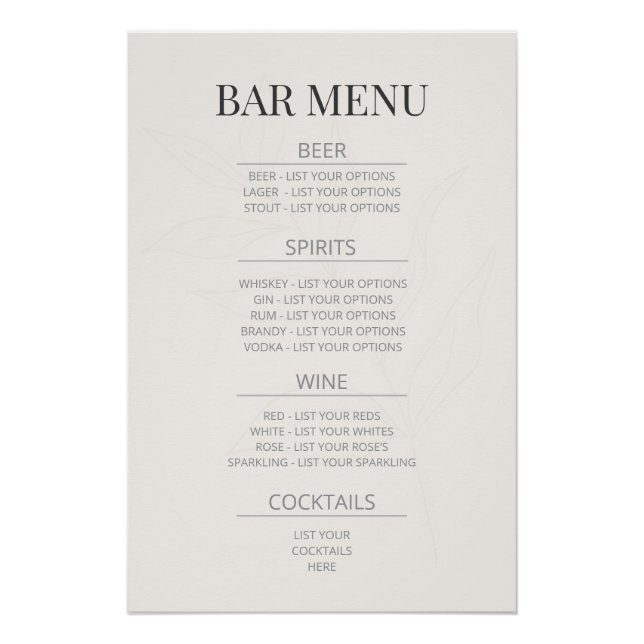 Poster Panneau de mariage botanique « Menu du bar » | Ivo (Devant)