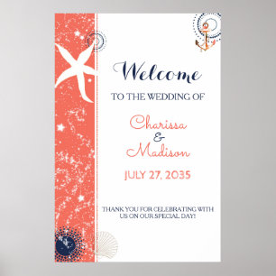Poster Panneau de mariage Coral et Navy Blue Beach