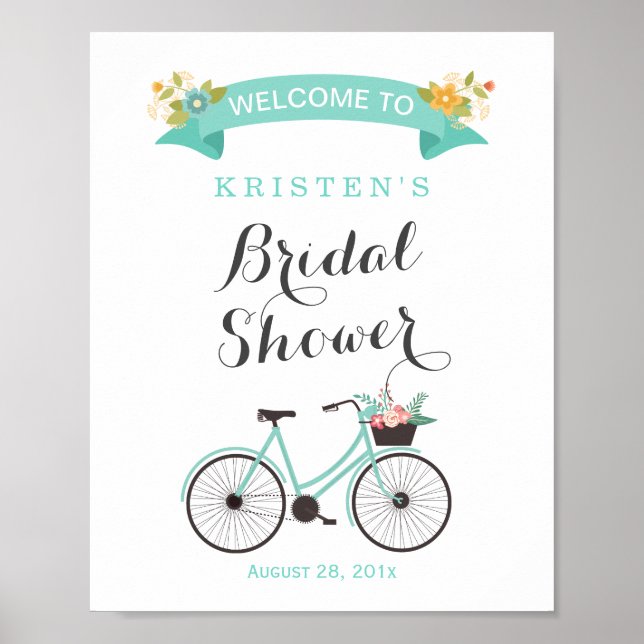 Poster Panneau de mariage de vélo vert menthe chic élégan (Devant)