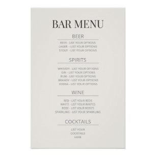 Poster Panneau de mariage « Menu Bar » Ivoire chaud