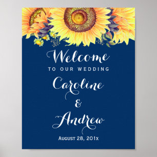 Poster Panneau de Mariage Rustique Sunflowers Blue Welcom