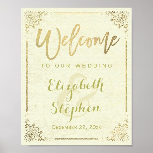 Poster Panneau de réception de mariage Gold Floral Frame (Devant)