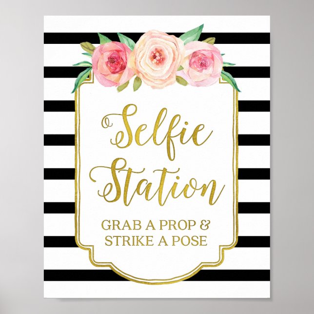 Poster Panneau de station de selfie Fleurs roses rayures  (Devant)