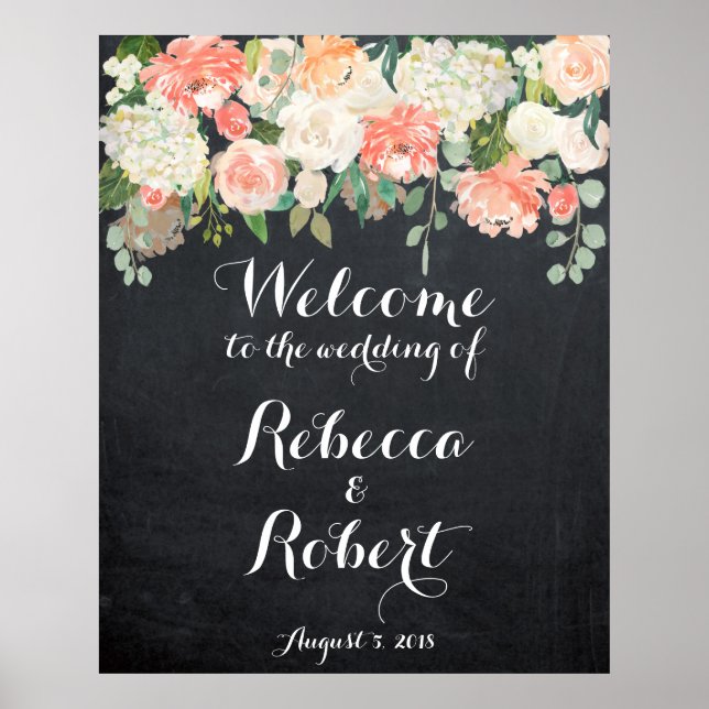 Poster Panneau mariage de bienvenue peach ivoire fleuri t (Devant)