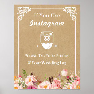 Poster Panneau Mariage Instagram Floral Kraft