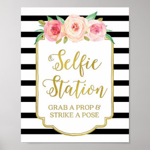Poster Panneau Station Selfie Rose Floral Or Black Stripe