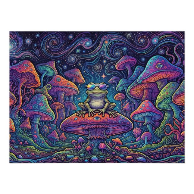 Poster Panorama de grenouille de forêt de champignons psy (Devant)