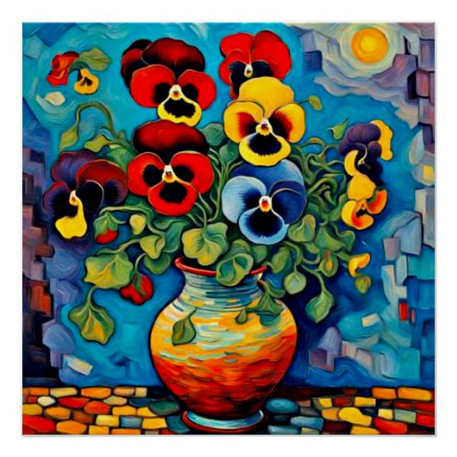 Poster Pansies mixtes dans vase (Devant)