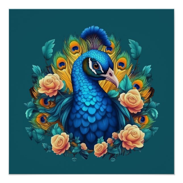 Poster Paon avec roses pêche (Devant)