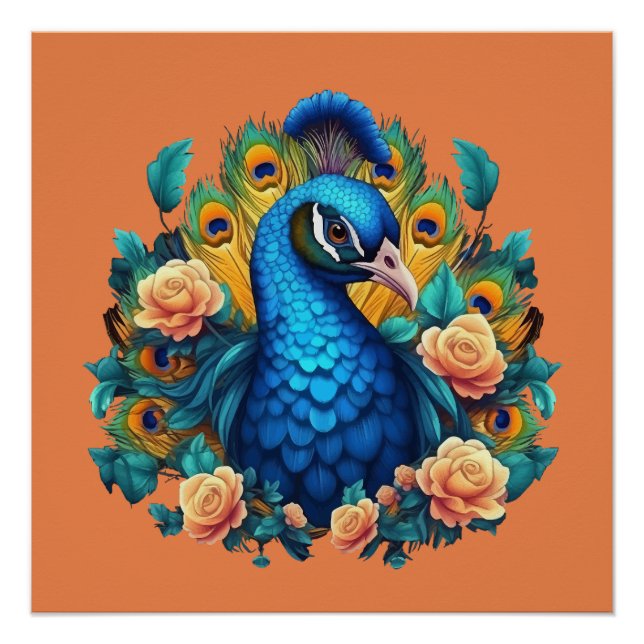 Poster Paon avec roses pêche (Devant)