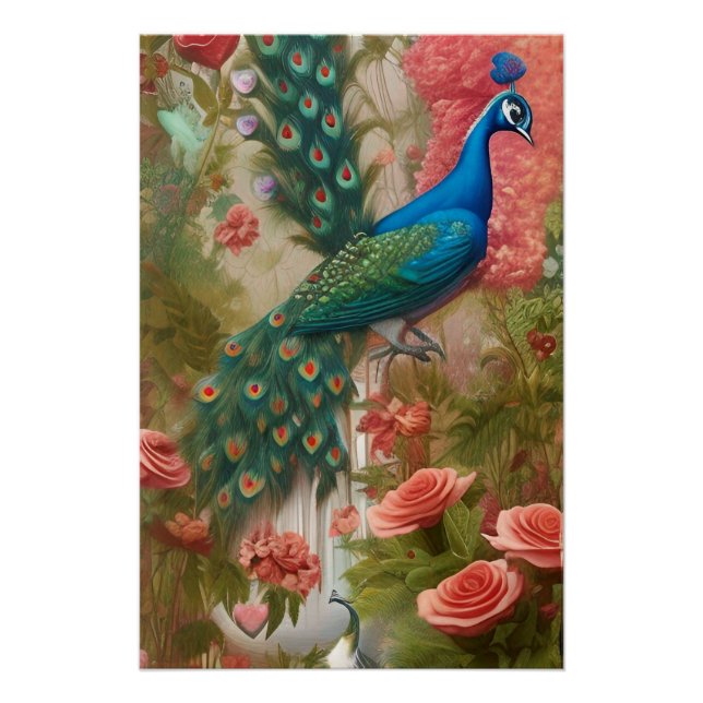 Poster Paon dans un jardin de roses abricot (Devant)