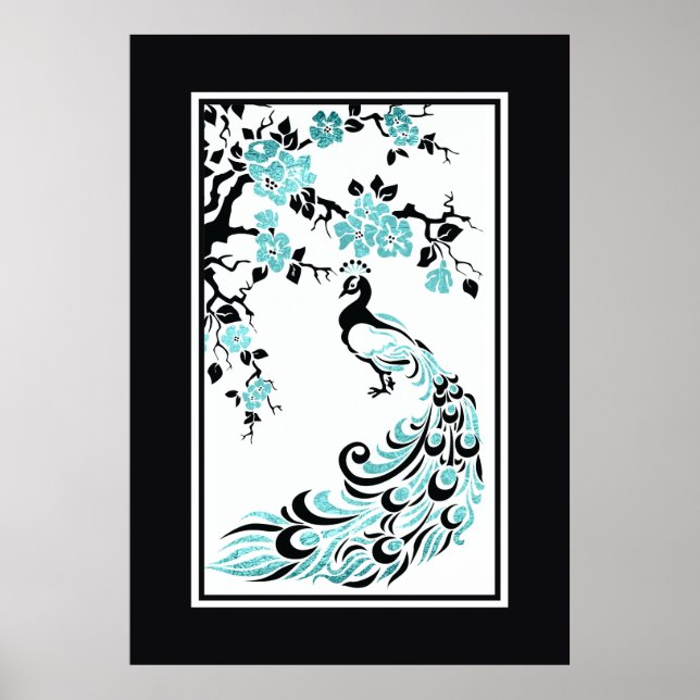 Poster Paon noir, turquoise et fleurs de cerisiers (Devant)