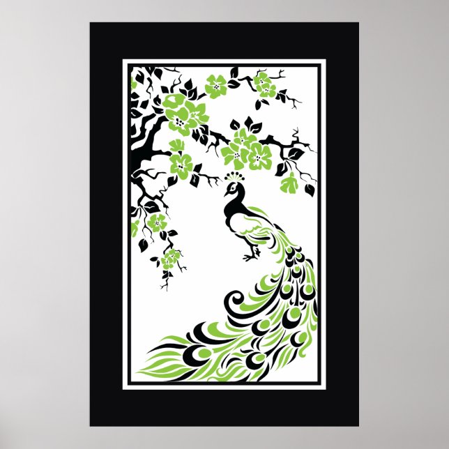 Poster Paon noir, vert, blanc et fleurs de cerisier (Devant)