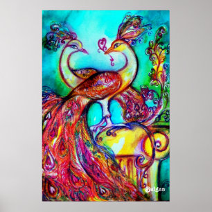 Poster PAONS AMOUREUX, Rouge Jaune Turquoise Bleu