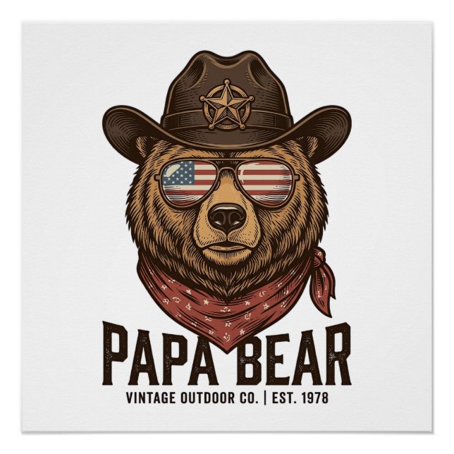 Poster Papa Bear Cowboy Bear Patriotic Vintage Vector Des (Devant)