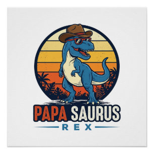 Poster Papa Saurus Rex Cowboy Dinosaure Vintage T-Shirt_1
