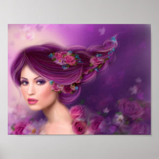 Poster Papier Imaginaire femme fleurs violettes