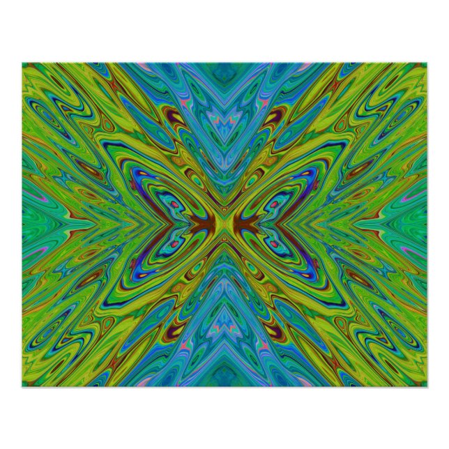 Poster Papillon Abstrait Chartreuse et Bleu Trippy (Devant)