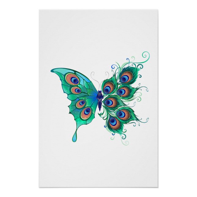 Poster Papillon aux plumes de paon vert (Devant)