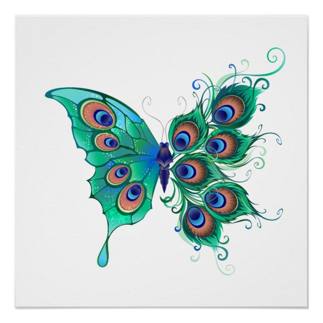 Poster Papillon aux plumes de paon vert (Devant)