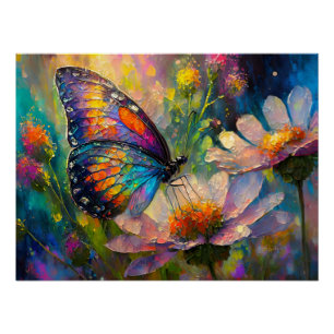 Poster Papillon Coloré et Fleurs Sauvages au Lever du Sol
