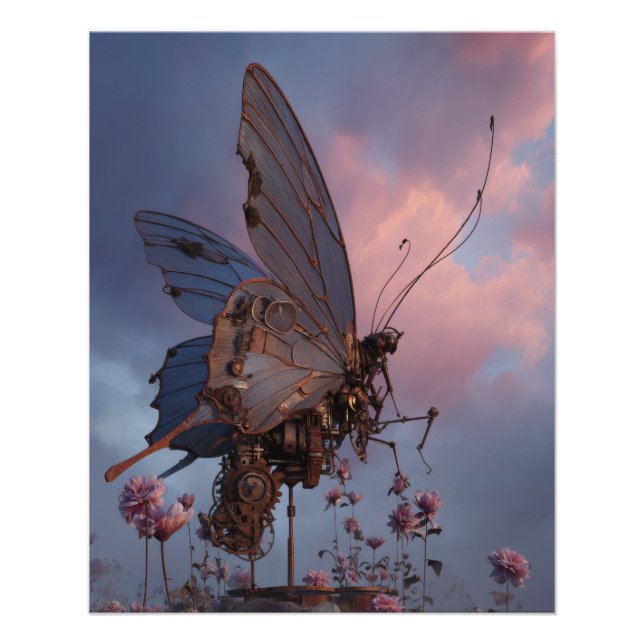 Poster Papillon de coucher de soleil rêveur sur des fleur (Devant)