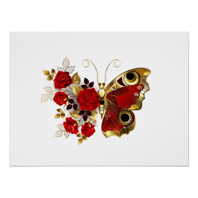 Poster Papillon de fleurs rouges aux roses rouges (Devant)