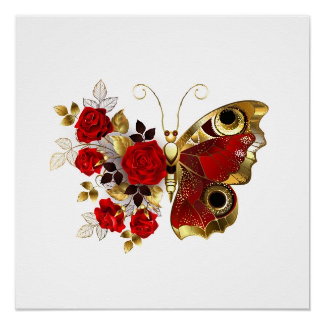 Poster Papillon de fleurs rouges aux roses rouges (Devant)
