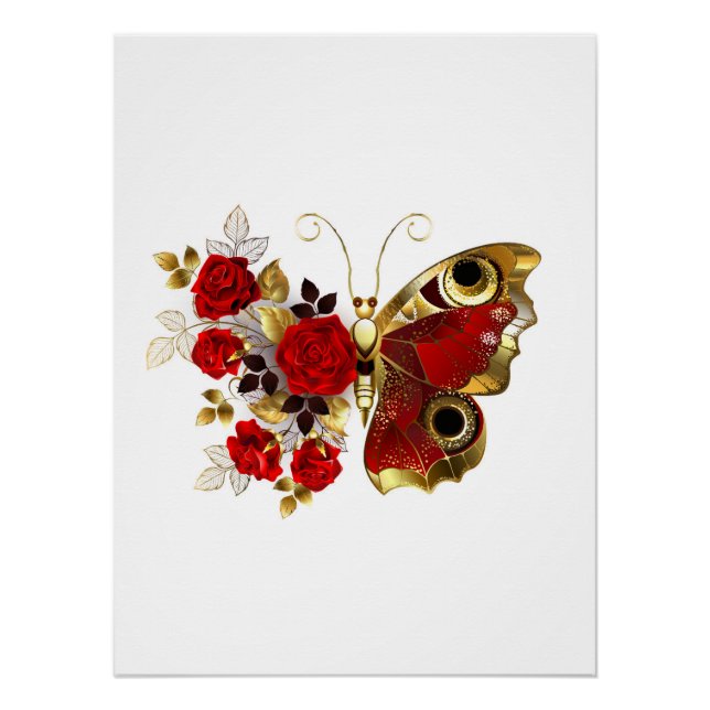 Poster Papillon de fleurs rouges aux roses rouges (Devant)