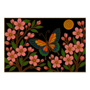 Poster Papillon Fleur de Cerisier Lune